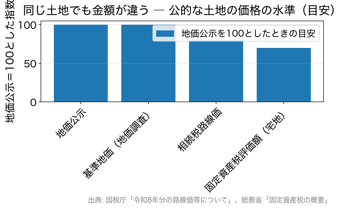 地価公示を100としたときの基準地価・相続税路線価・固定資産税評価額の水準を比べた棒グラフ