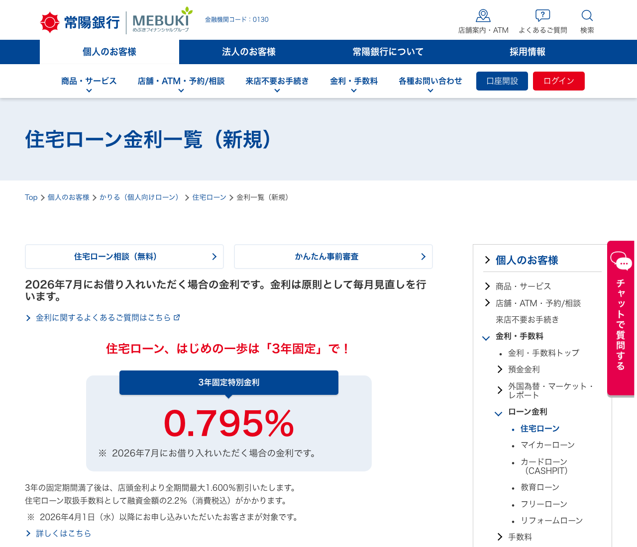 常陽銀行の住宅ローン金利一覧（新規）ページ